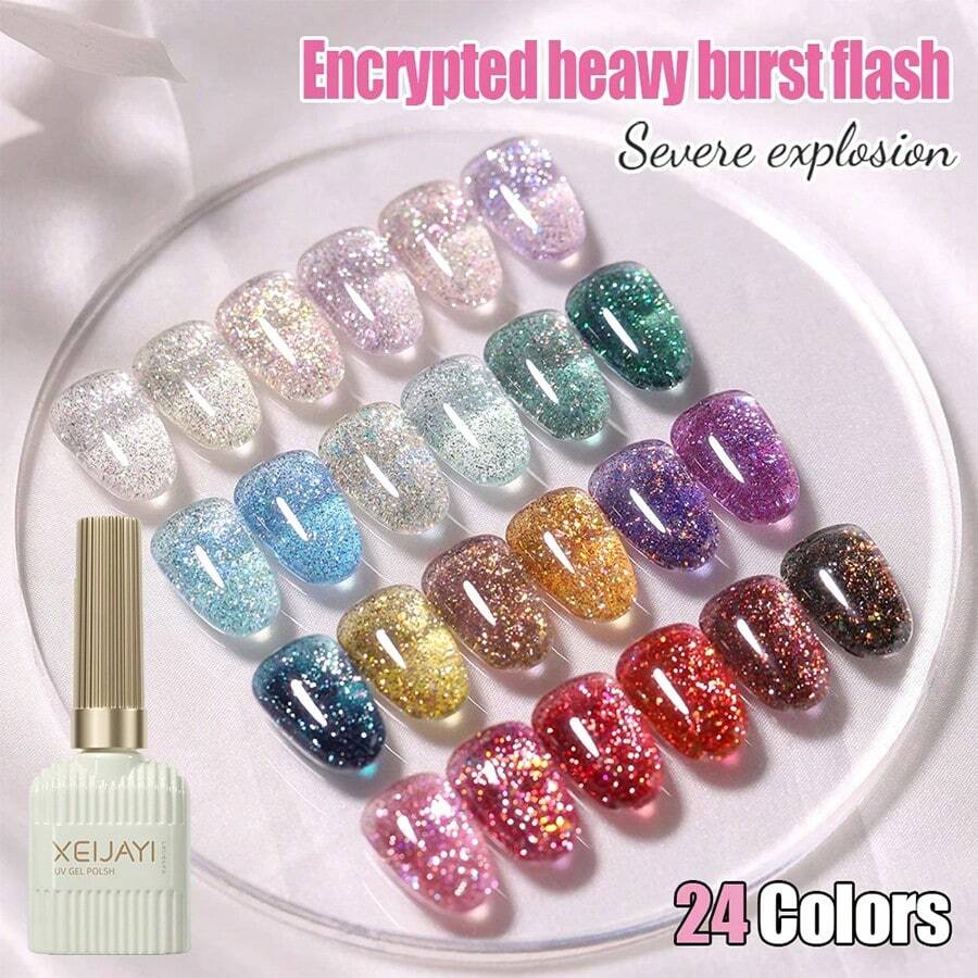 XEIJAYI Bộ 24 lọ sơn gel móng tay 15ml, sơn gel nhũ lấp lánh, phản quang bóng bẩy, có thể tẩy bằng đèn UV/LED - Thích hợp cho việc tự làm móng tại nhà hoặc tiệm nail.