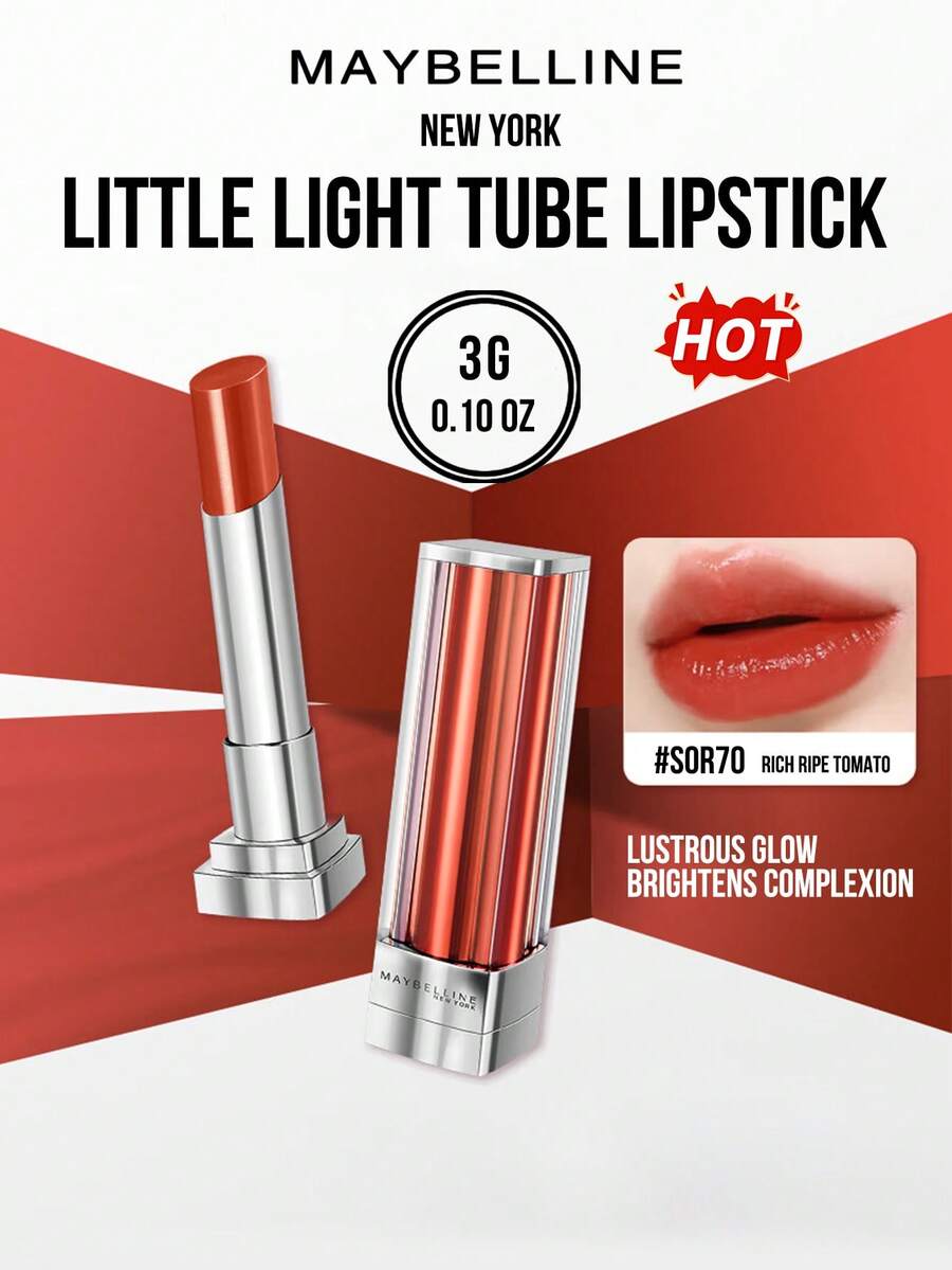 Maybelline LITTLE LIGHT TUBE LIPSTICK #SOR77 Rich Ripe Tomato (3G/0.10OZ), Contain Hyaluronic Acid Hydrating, 1-Swipe Intense Smoky Pink Pigment, Lustrous Glassy Glow (Brightens Complexion), 8H Non知道Clip Luxe Case, Beginner-Friendly 3-Step Application for 3D Plump Lips – Ideal for Daily Sophisticated Makeup