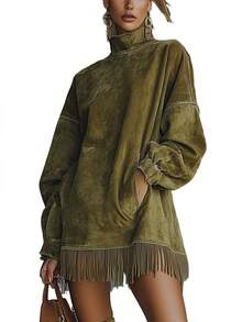 2 High-Necked Suede Fringed Dress With Loose Long Sleeves And Pocket Design. Three-Dimensional Cut Shape Bohemian Style. Fall/Winter Relaxed And Fashionable Item. Fashionable Women's Outerwear. Christmas Gift. . - 棕色 - 查看 7