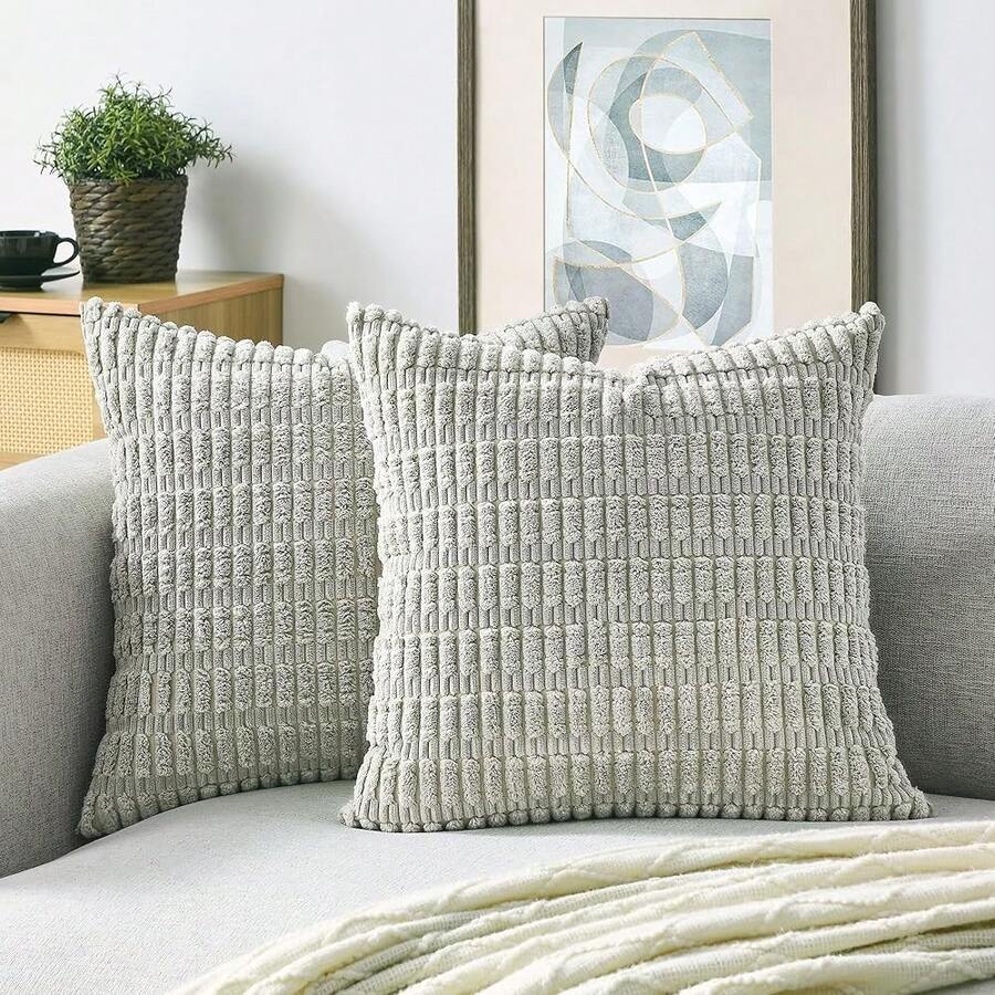 Volcanics Pack Of 2 Light Grey Decorative Throw Pillow Covers 18x18 Inch, Soft Corduroy Striped Square Cushion Cases, Modern Farmhouse Boho Home Decor For Couch Bed Sofa Living Room,18inchx18inch(Packof2),LightGrey - 淺灰色 - 查看 1