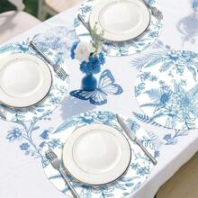 D50 PCS Blue Floral Paper Placemats Round Paper Placemats Disposable 13.5 Inch Placemat Chinoiserie Place Mats For Birthday Wedding Party Plies Banquet Table Settings - 藍色 - 查看 6
