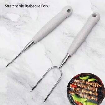 304 Stainless Steel Telescopic Barbecue Fork, U-Shaped Extendable Barbecue Fork, Straight Free Outdoor Wheat Straw Barbecue Skewer Fork For Charcoal Grill