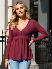 Women Y2K Babydoll Knit Tops Long Sleeve Lace Patchwork Low Cut Peplum Sweater Fairy Vintage 90s Coquette Blouse - 酒紅色 - 查看 3