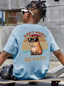 Tween Boys Students Casual Printed Round Neck Short Sleeve T-Shirt, Summer Top - Baby Blue - View 8