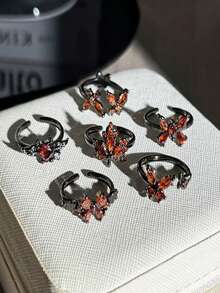 1pc Unisex Fashion Punk Goth Dark Butterfly Pomegranate Red Crystal Open Ring, Unisex Men Women Finger Ring, Suitable For Daily Decoration Wear