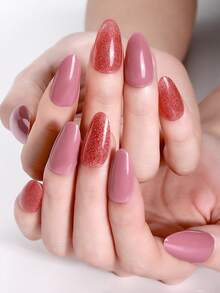 20片半固化凝胶美甲贴，灰玫瑰色带红色闪粉，全甲贴，沙龙品质，需配合UV灯使用，非常适合女士DIY居家美甲贴纸。 - 粉色 - 查看 4