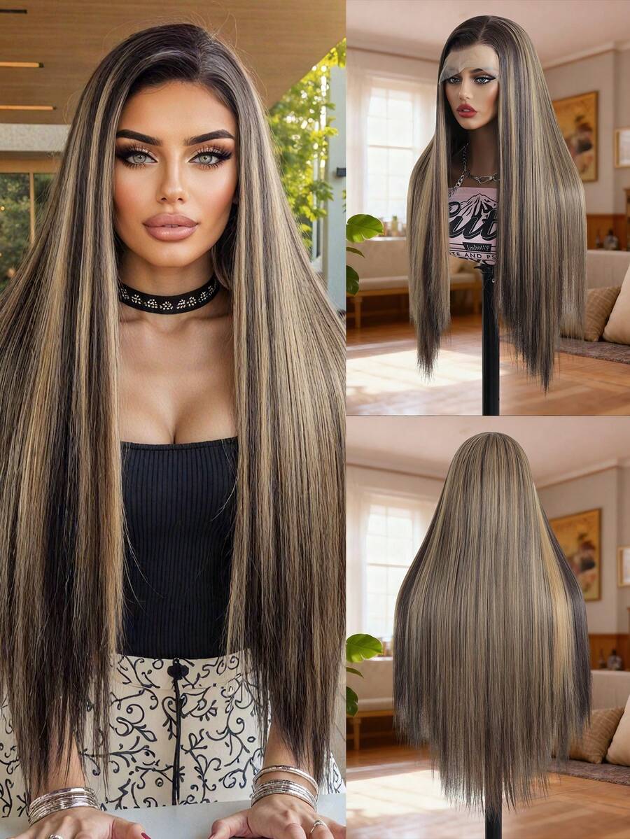 Piano Color 13*4 Lace Front Wigs Straight Wigs With High Quality Synthetic Hair Wigs And Good Texture 30 Inch Extra Long Straight Wigs Valentine's Day Music Festival Daily Use, Holiday Dressing Wig Gifts For Women Christmas Decorations Christmas Gifts - Piano Color - View 1