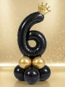 10件組 32英吋黑色數字0-9生日派對裝飾氣球套組，迷你金色皇冠鋁箔氣球，10英吋金屬色金色乳膠氣球，5英吋黑色乳膠氣球，黑金奢華高級風 - 彩色 - 查看 21
