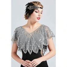 Shawl Wraps Sequin Beaded Evening Cape Bridal Shawl - Gray Silver - View 2