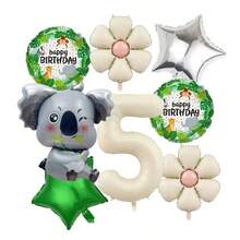 8pcs Koala Foil Balloons - Cute Sitting Design, Cream-Colored Numbers 1-6 Balloon Set, With Green & Silver Stars, Beige Flowers, Round Balloons, Suitable For Birthday, Anniversary, Wedding, Valentine's Day Party Decor, Home Decoration, Atmosphere Setting - Beige - View 5