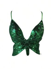 嘉年华彩色蝴蝶亮片撞色交叉低胸露背塑形抹胸短款吊带背心，夏季派对装