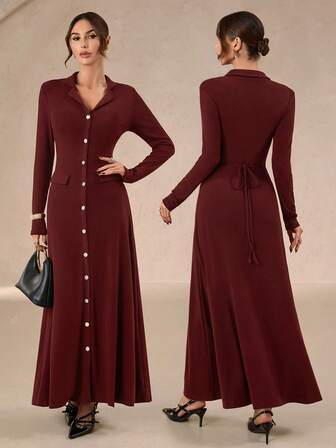 Women's Elegant Commuter Solid-Color Long Dress – Lapel, Long-Sleeve, High-Waisted, Slim-Fit, A-Line, Pearl Button Accents, Back Bow, Suitable For Commuting & Daily Leisure New Years