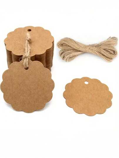 30/50/100pcs Craft Fan-Shaped Paper Gift Tags With Natural Jute Twine, Round Kraft Paper Gift Tags, Suitable For Birthday Party, Wedding Decoration, Arts & Crafts, DIY Wedding Gift Bags (Brown)