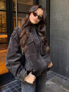 Women's Grey Suede Jacket, Oversized Stand Collar Long Sleeve Coat With Pockets For Spring Fall - Dark Grey - View 2
