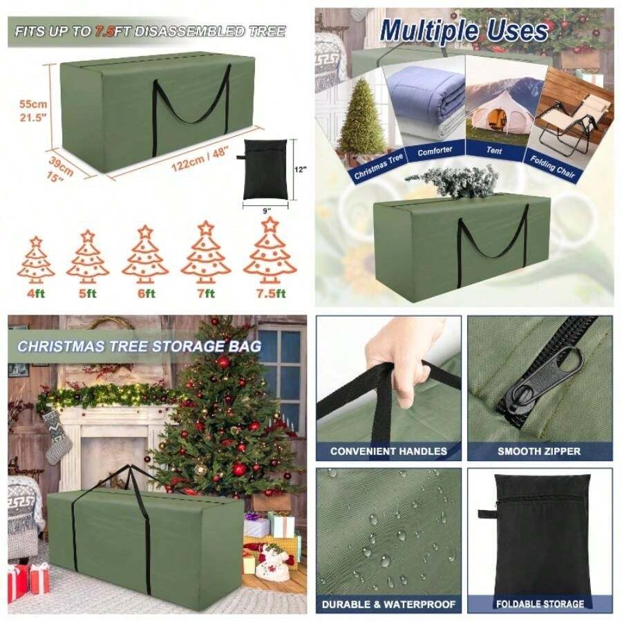 - Bolsa de almacenamiento para rbol de Navidad, impermeable, contenedor de almacenamiento para rbol de Navidad, bolsa de polvo con asas, se adapta a rbol de Navidad desmontado de hasta. 5 pies y decoraciones - Verde - Ver 1