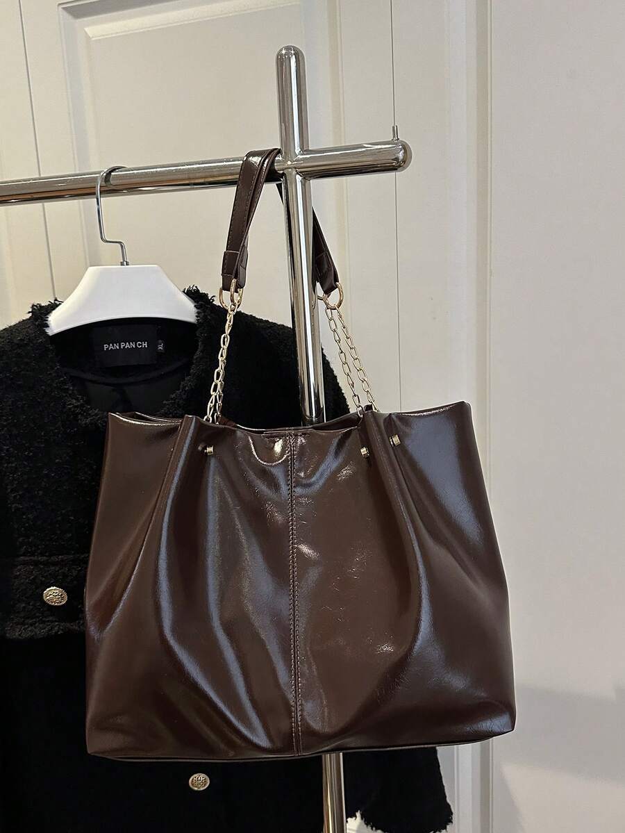 New Pleated Large Capacity Tote Bag, Korean Style, Versatile & Commuter-Friendly Shoulder Bag - Coffee - View 1