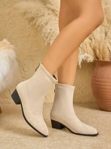 Bottines à talons épais à bout pointu mode femme, couleur unie sexy - Nude - Voir 3