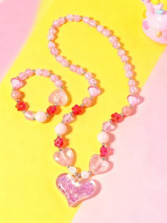 甜美串珠首饰套装，适合女孩，2件套彩色心形吊坠项链手链，可爱生日圣诞礼物