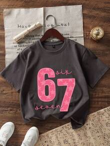 Young Girl Casual Graphic Print Crew Neck Short Sleeve T-Shirt, Summer Top