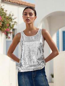Sequin Tops For Women Y2k Sparkle Camisole Shimmer Sleeveless Crew Neck Tanks Top Glitter Crop Disco Party Shirt Cami Outfit - Bạc - Xem 2