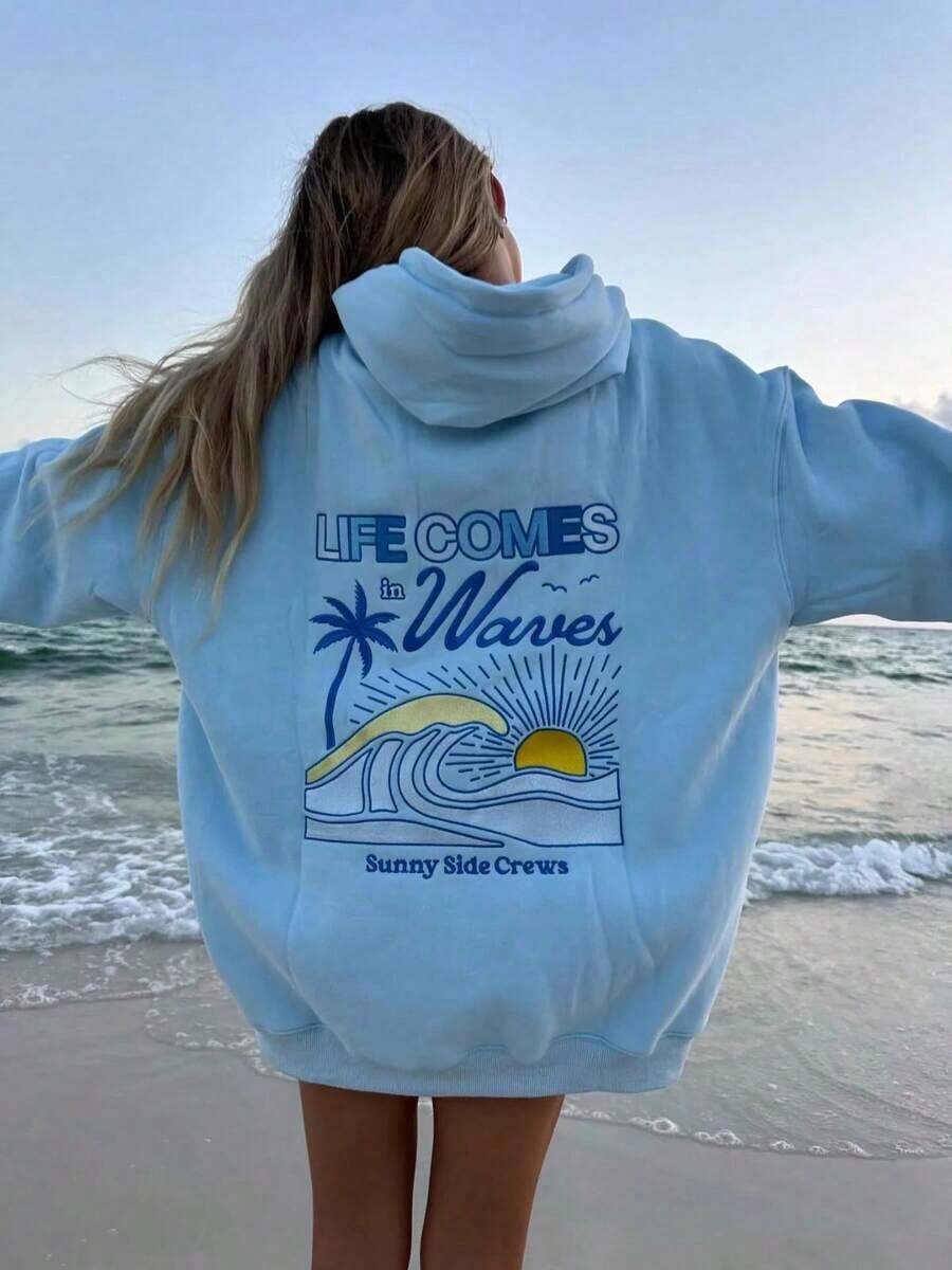 2025Hawaii Hibiscus Letter Print Embroidered Loose Sweatshirt Women's Drop Shoulder Sleeve Ribbed Hoodie Printlong Sleeve Tops,Tops,Hoodies - 天藍色 - 查看 1