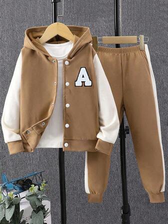 2Pcs/Set Tween Boys College Style Hooded Jacket + Trousers Set / Color Matching Letter Design / Suitable For Daily Casual Wear / Autumn And Winter Wear