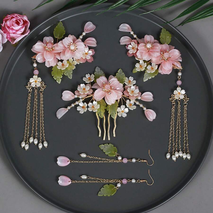 Hanfu Hair Accessories Side Hair Comb Clip Earrings Headwear For Hanfu Style Outfits - 3(3) - Xem 1