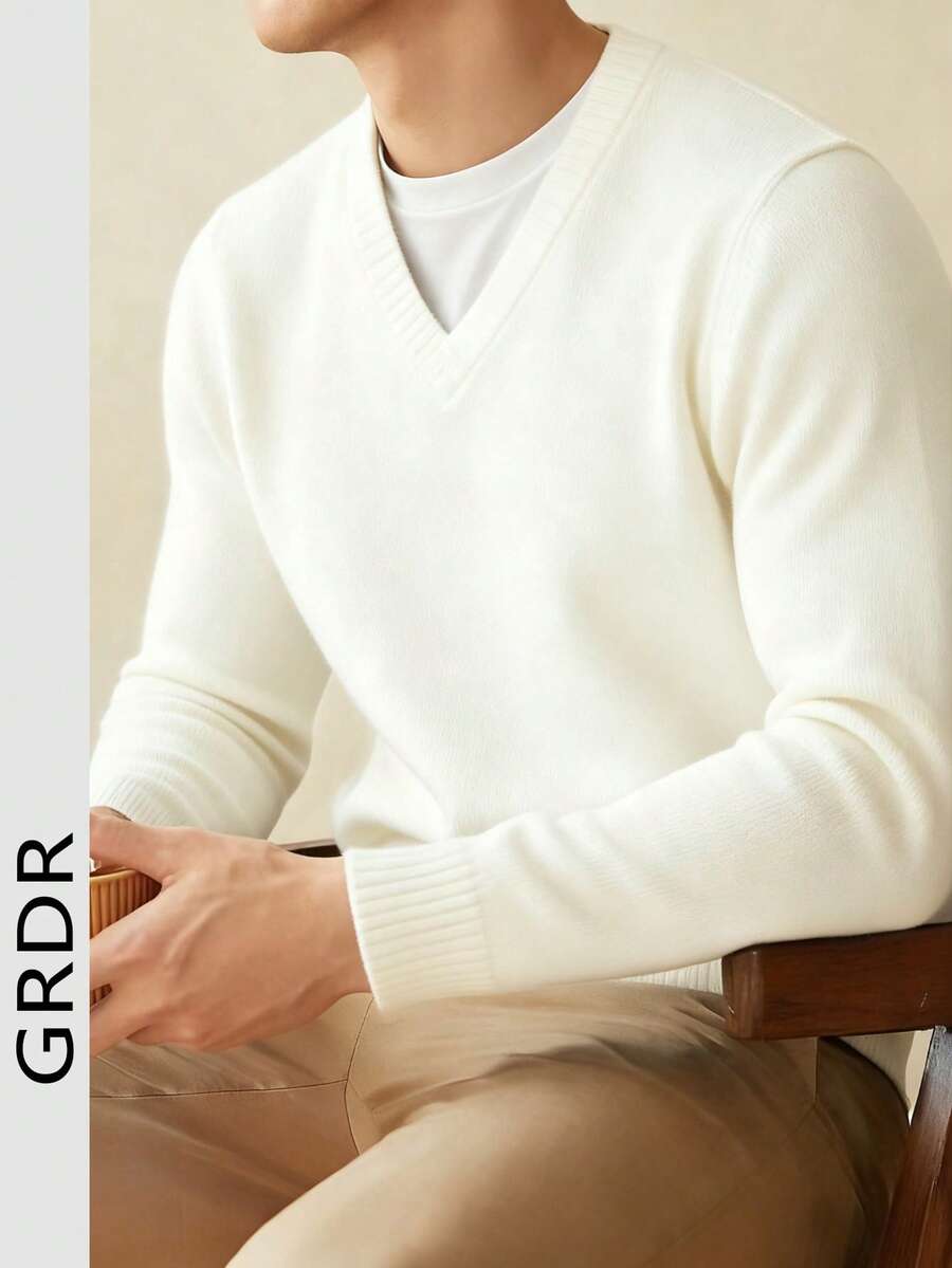 GRDR 男士纯色V领套头毛衣，休闲日常穿着，秋冬季