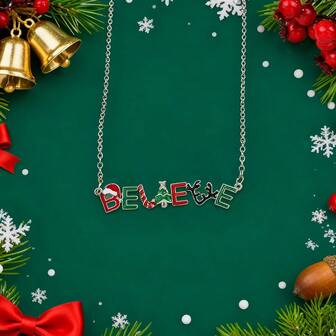 1pc Christmas Limited Edition JOY/BELIEVE Letter Necklace, Delicate Enamel Reindeer Candy Pendant, Festive Women's Gift Choker Necklace
