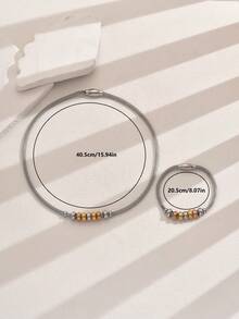 2pcs Minimalist Stainless Steel Beaded Necklace & Bracelet Jewelry Set, Couples Accessories For Daily Wear - Multicolor - View 8