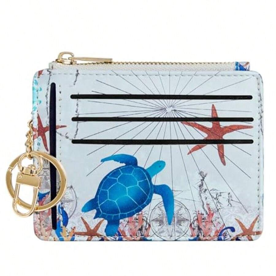 Sodsay Card Case Slim Front Pocket Wallet For Women Credit Card Holder With Keychain - White&Turtle - 查看 1