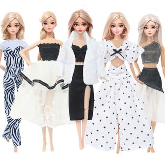 Fashion Doll Clothes Dresses Set 9 Pieces/5 Sets For 11.5 Inch Girl Doll, Black White Styles, Including Party Dress, Casual Jumpsuits, Coat, Tops Skirt Outfits, Daily Dresses Doll Dress Up Game Toys Birthday Gift Christmas Stocking Stuffers(Doll Not Included)