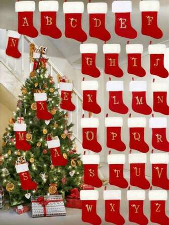 字母图案圣诞袜，2026款圣诞袜，英文字母圣诞挂袜，双面壁炉挂袜，适用于圣诞派对装饰、新年派对礼品、个性化首字母圣诞袜，家庭节日圣诞派对装饰
