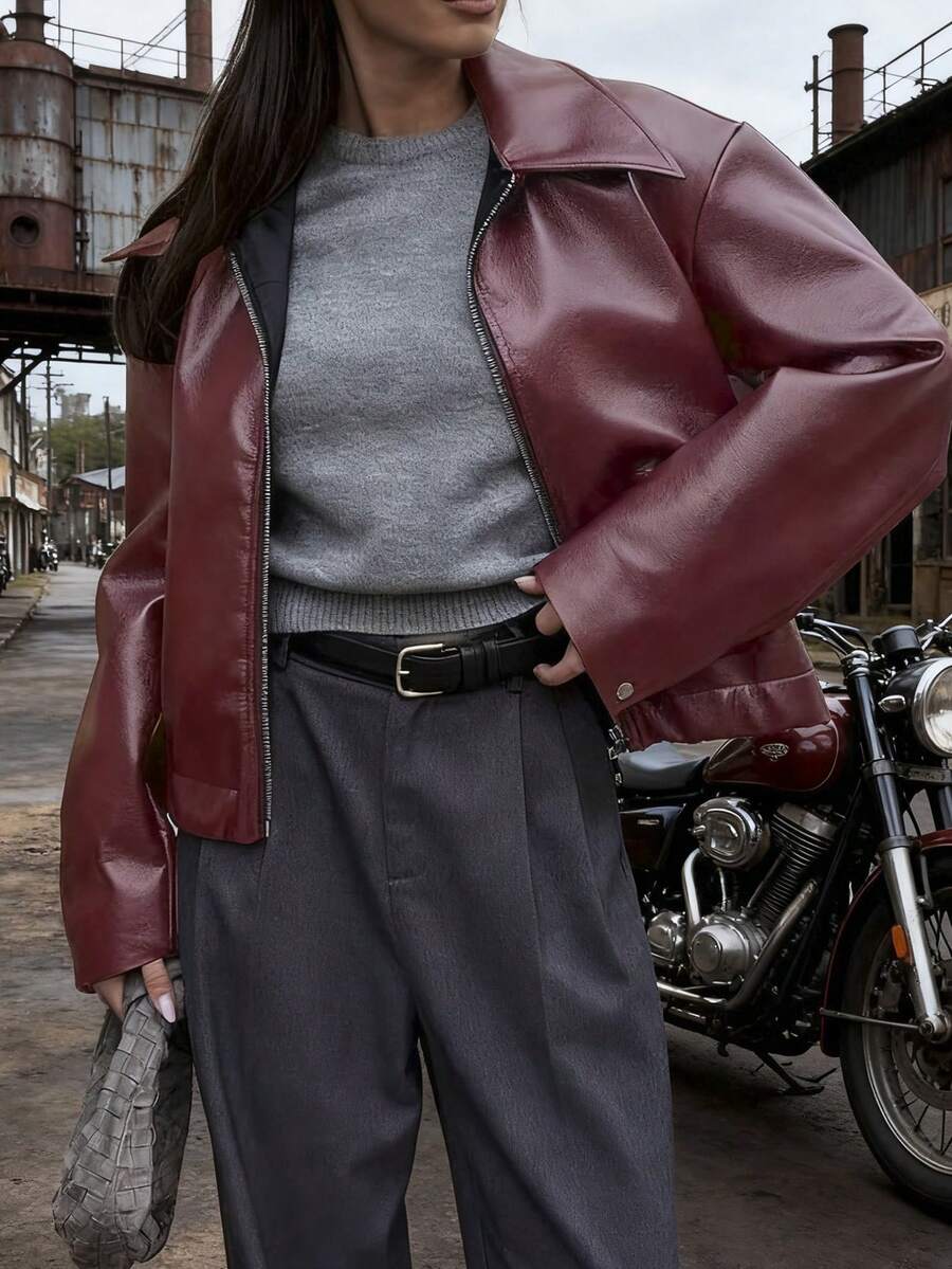 Women's Retro Motorcycle Jacket - Coat With Collar & Classic Black/White/Grey/Brown Tones - All-Season Casual Outerwear (Machine Washable) For Motorcycle Riding & Casual Attire - Non-Stretch Jacket Women's Retro Motorcycle Jacket - Collared Classic Tones (Black/White/Grey/Brown) All-Season Casual Outerwear, Machine Washable For Riding & Daily Attire, Non-Stretch Loose Fit Oversized Faux Leather Biker Jacket For Women - Retro Lapel Zip-Up, Drop Shoulder & Cropped Length, Black/Chocolate/Burgundy, Edgy Casual Style Vintage-Inspired Women's Faux Leather Jacket - Oversized Silhouette, Zipper Front & Classic Collar, Perfect For Edgy Street & Daily Sports Outfits (Multiple Colors) Women's Oversized Faux Leather Bomber Jacket - Classic Collar, Zip Closure, Loose Fit, Elevate Casual Looks With This Must-Have Outerwear (Black/Chocolate/Wine Red) Loose & Casual Thickened Women's Jacket - Multi-Color Zipper, Daily Sports & Biker Style, Ideal For Winter/Hunting, Versatile Chaquetas Para Mujer - 紅色 - 查看 1
