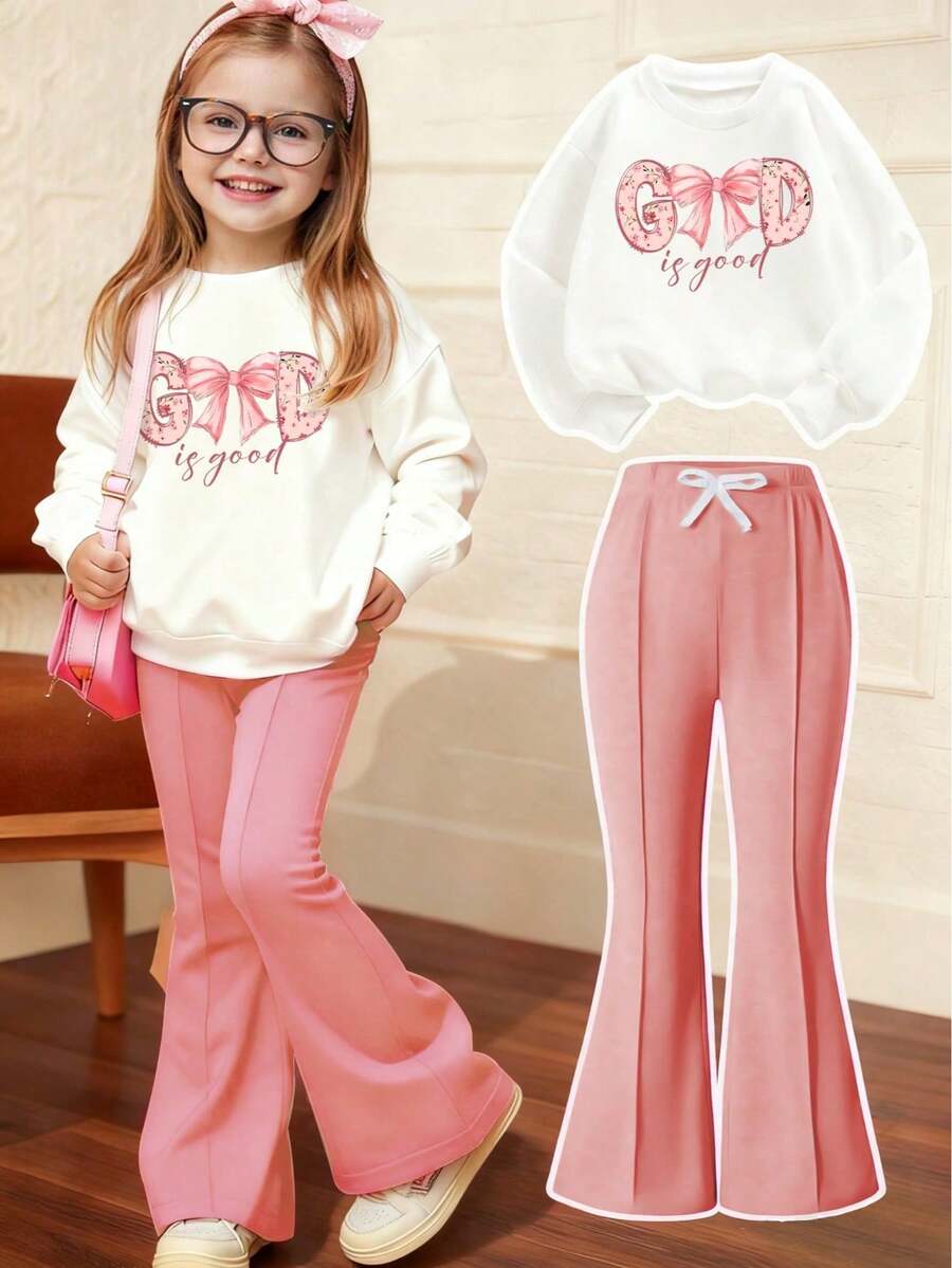 Young Girl Slogan Bow Print Crew Neck Sweatshirt And Flare Pants Casual Outfit - White - View 1