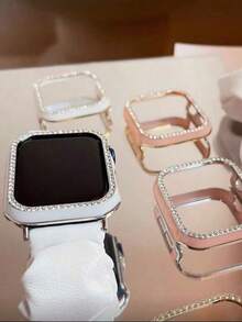 1PC White Shiny Rhinestone Decor Hollowed Out Case Flashing Anti-Fall Laser Engraving Bumper Cover, For Apple Watch Case 40/41/42/44/45/46/49MM, For Apple Watch Series Ultra/SE/10/9/8/7/6/5/4, Intelligent Watch Case Accessories - Hollow White + Gold - View 7