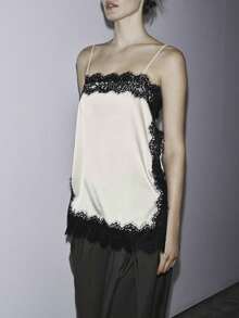 Women Y2k Lace Camisole Top Satin Square Neck Side Split Cami Silk Sleeveless Spaghetti Strap Loose Going Out Tank Backless Nightgown Sleepwear Sliky Short Wedding Nightgown,Party Streetwear,Rave Outfit,Club Outfits,Beach Vacation Outfits,Spring Break Outfits,Valentines Clothes,St Pattys Day Outfit,Easter Outfit - 黑與白 - 查看 6
