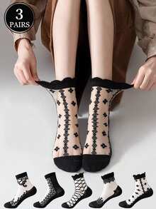 5對黑色花邊網眼透氣女士短襪,適用於春夏季節 - 黑色 - 查看 11