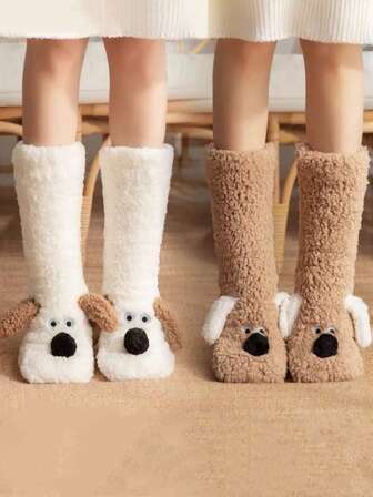 1 par de calcetines cómodos y gruesos para dormir con patrón de perro de mascota de dibujos animados 3D, adecuados para el invierno