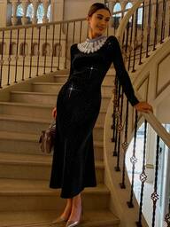 Livesso Abito da sera elegante e di lusso, vestito a sirena in velluto con strass e perle, che affina la vita, adatto per Capodanno e Natale