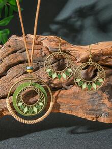 TopHanqi 3pcs Bohemian Style Antique Copper Tone Round Hollow Out Alloy Multicolored Rhombus Shaped Dripping Oil Pattern Layered Pendant Necklace & Earrings Set, Perfect For Ladies' Daily Life, Work, Travel, Street Snap, Theme Dress Up, Performance, Party All Seasons Wear, Fashionable Minimalist Design Exuding Personal Charm & Elegance - Multicolor - View 14