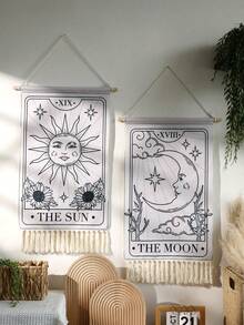 1pc/2pcs Set Tarot Sun & Moon Tapestry, Fringe Vertical Boho Wall Hanging, Black & White Starry Witch Decor, Astrology Tarot Fabric Art, Bedroom/Living Room/Dorm Spiritual Mystical Wall Decor, Gothic Mysterious Home Decor, Fringe Tarot Banner, Retro Starry Tarot Theme Wall Hanging - Multicolor - View 9