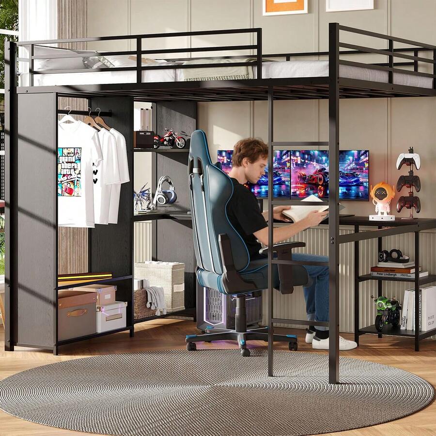 Queen Loft Bed With L-Shaped Desk And Storage Shelves, Queen Size Loft Bed Frame With Wardrobe, Hanging Rod, Guardrail And Ladder, Adults-Loft Beds Nosie-Free(Ship In 2 Boxes) - 黑色 - 查看 1