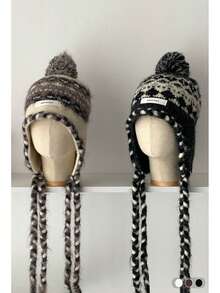 Bohemian Striped Knit Beanie Hat With Extended Braids, Warm And Face-Flattering For Women In Autumn/Winter