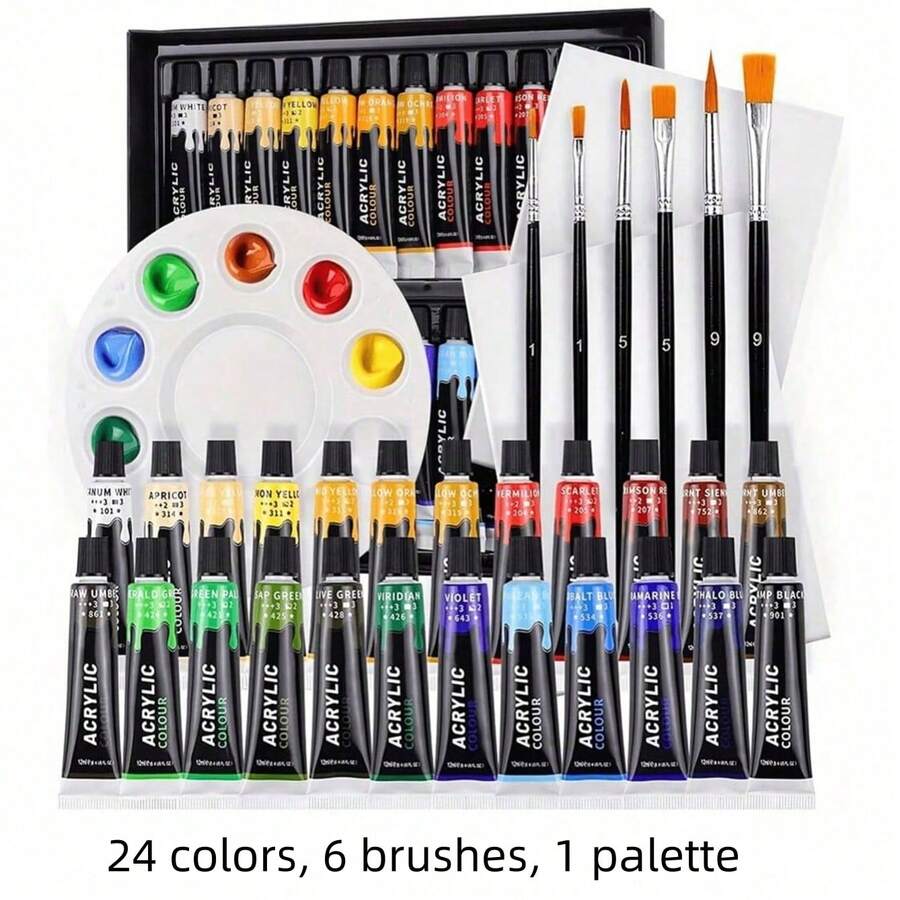Set de 24 colores de pintura acrílica, botellas de 60ml/2oz, con 5 pinceles, 1 esponja y 1 paleta, colores vibrantes y resistentes a la decoloración, adecuado para artistas y adultos, se puede usar en rocas, lienzos, madera, tela, cerámica y piedra, 12/24 colores, pintura acrílica de 12ml