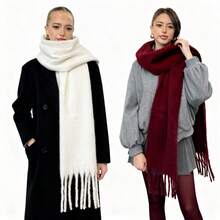 1pc Solid Color Scarf, Winter Warm Neck, Thickened Wool Knitted Thick Fringed Shawl, Can Be Worn For Dress - Màu Đỏ Sâu - Xem 11