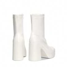 Botines Gogo de plataforma para mujer, tacón alto y grueso, punta cuadrada, botines - Blanco - Ver 10