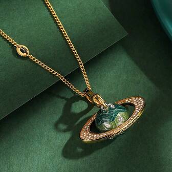 1 pieza Collar con colgante de planeta verde giratorio esmaltado de moda, accesorio de llavero delicado adecuado para el uso diario de las mujeres