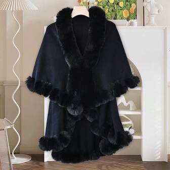 一件优雅女士纯色仿貂毛领针织披肩斗篷，时尚百搭加厚保暖宽松开衫斗篷外套，柔软蓬松斗篷夹克，适合日常穿着，秋冬季