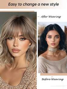 12 Inch Ombre Blonde Wig With Bangs Water Wave Curly Wigs For Women Daily Wear Natural Heat Resistant Syntheetic Wig Perfeect Daily Party Holiday Use - Blonde Highlight - View 3